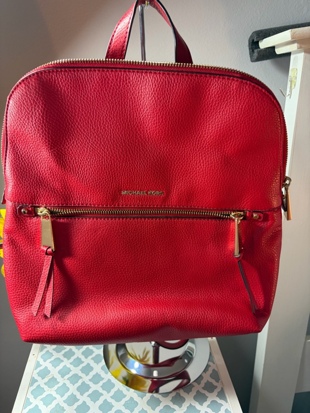 Michael Kors Bright Red Pebbled Leather Backpack with Gold Hardware